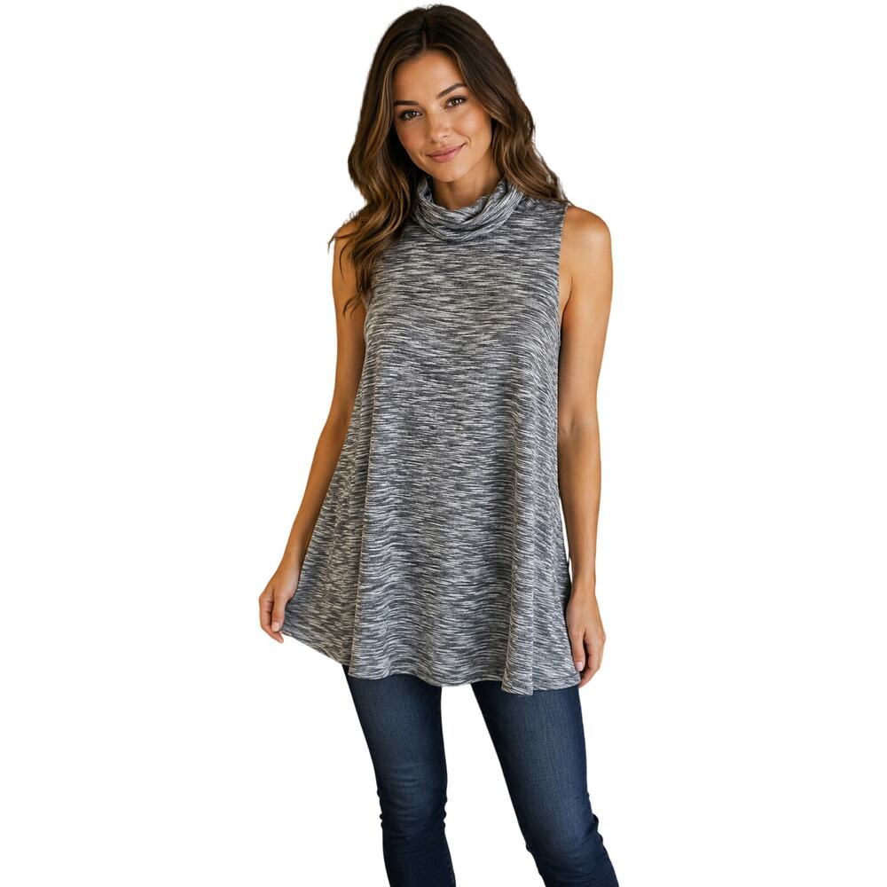 Postage stamp high mock neck heathered grey sleevless tunic stretch knit tank M